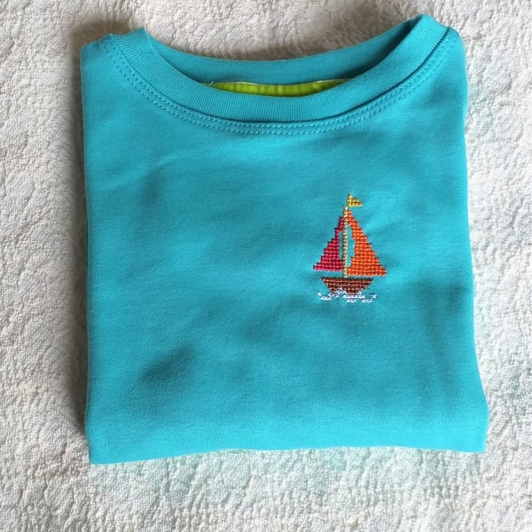 Yacht, Long-sleeved, T-shirt, Age3, hand embroidered