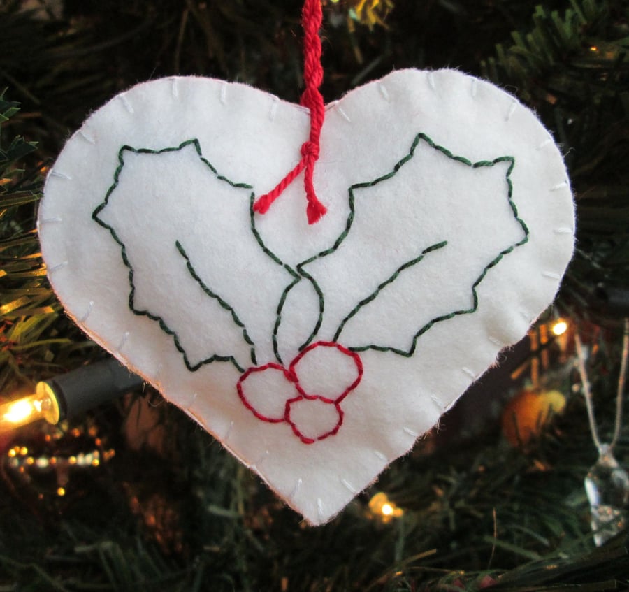 White Felt Heart With Holly Christmas Decoration