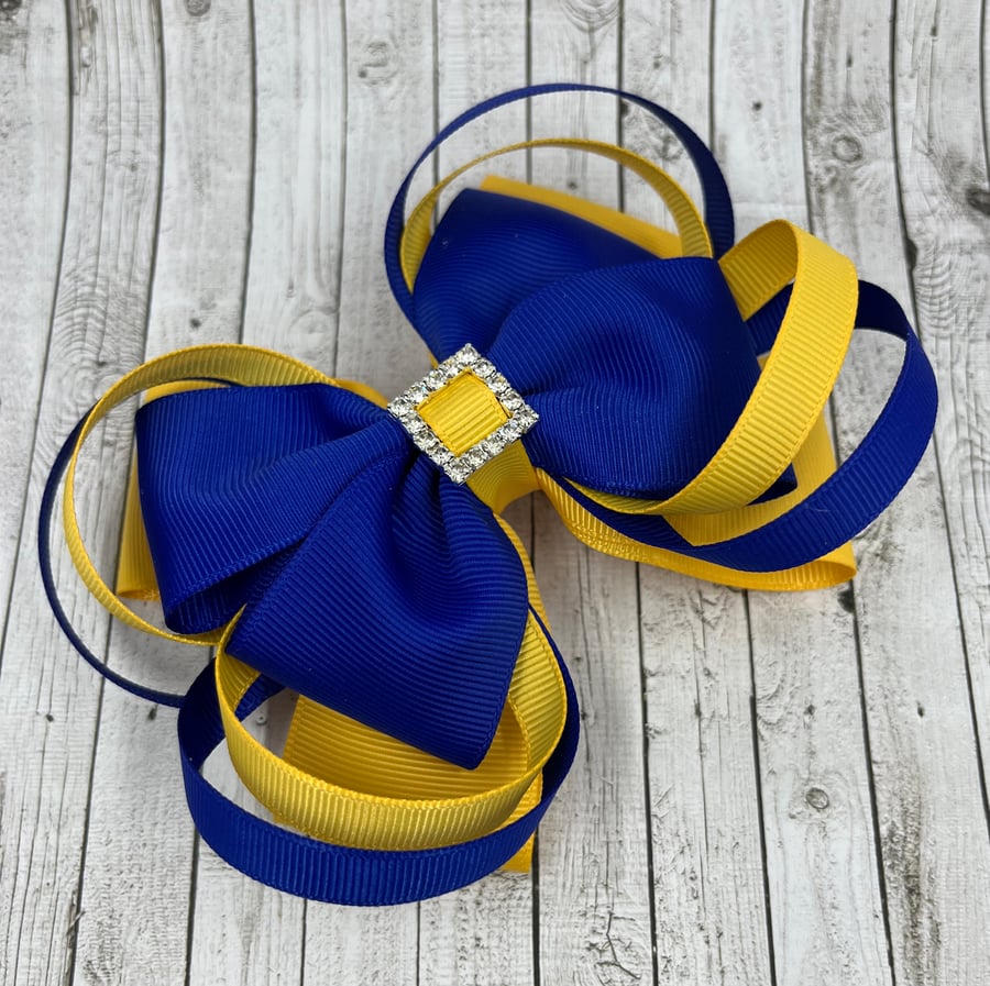 Large 5 inch Cobalt Blue and Yellow Gold Double Layer Bow with Double Loops