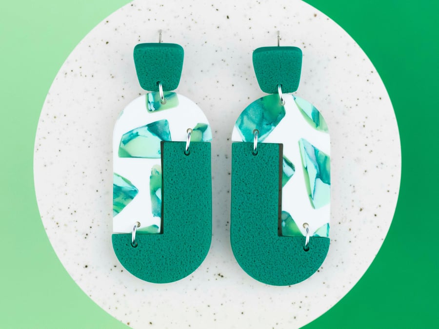 Taiga Green Statement Earrings (Elegant green earrings, Modern earrings)