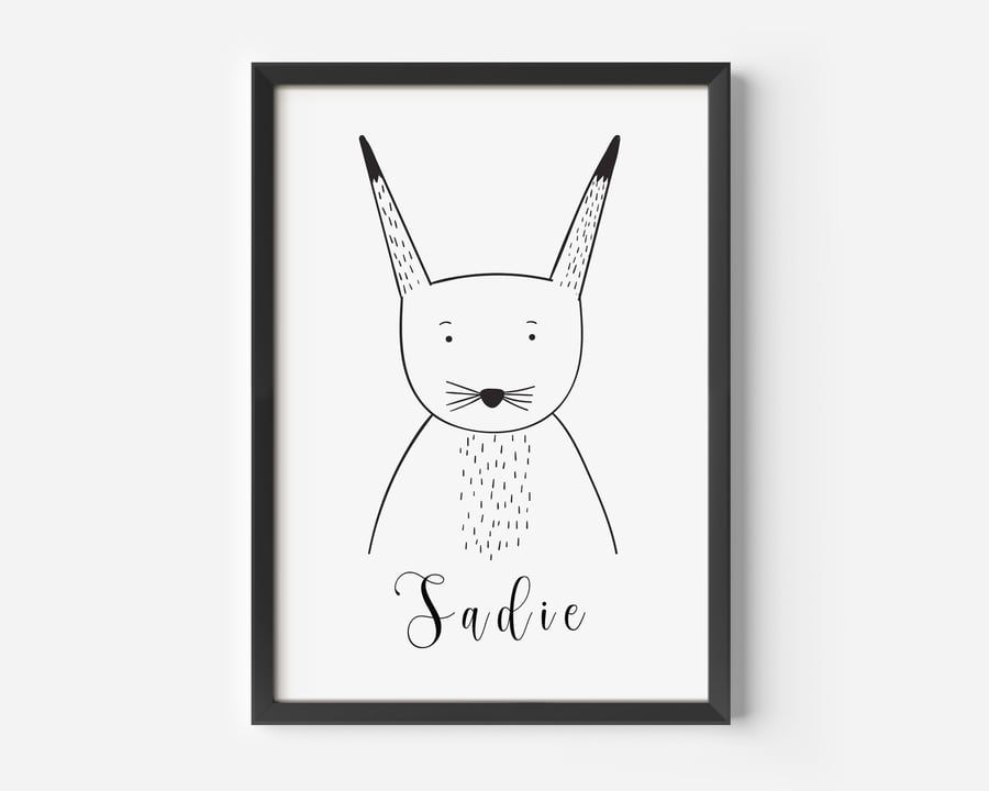 PERSONALISED woodland Bunny Rabbit black and white birthday card, art print A4 A