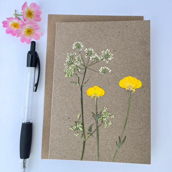 Handmade Real Pressed Flower Greeting Card, Birthday Card, Thank You Card