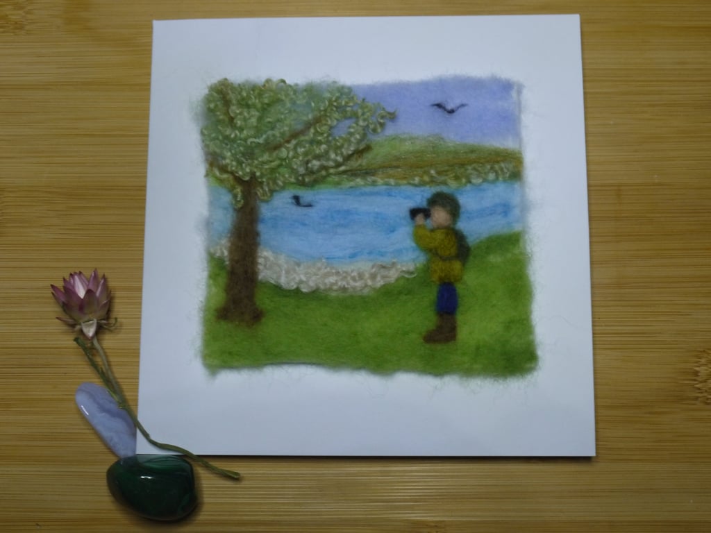 Handmade needle felted Birdwatching greetings card