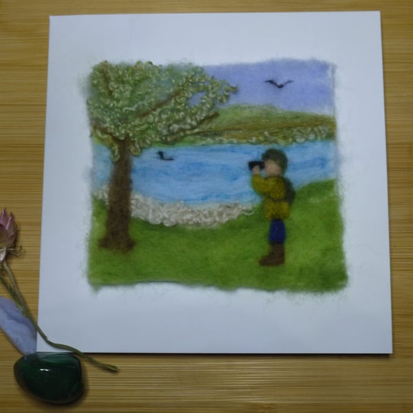 Handmade needle felted Birdwatching greetings card