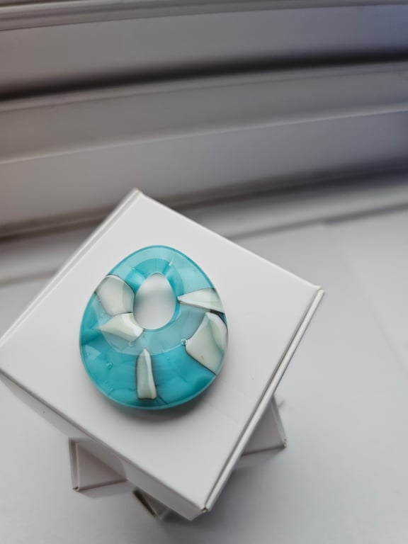 Fused Glass Teardrop Pendant - Medium Cloudy Aqua and Vanilla