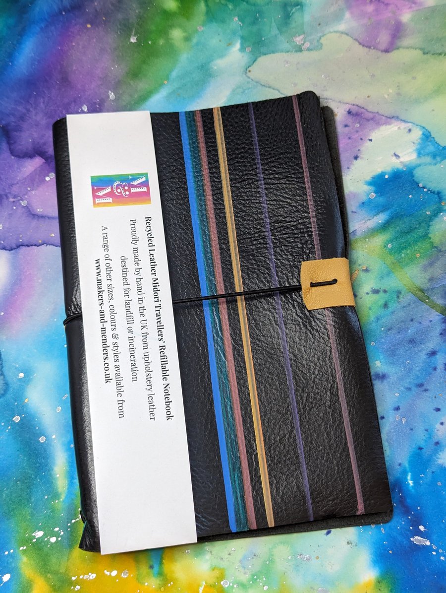 Black Recycled Leather Midori Refillable Notebook A5 - handpainted stripes