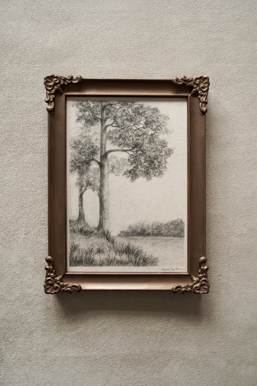 Original landscape drawing in vintage frame