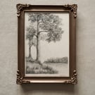 Original landscape drawing in vintage frame