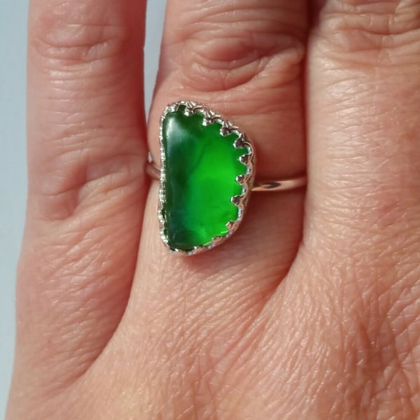 Sterling Silver with Lime Green Seaglass Adjustable Ring in Gift Box