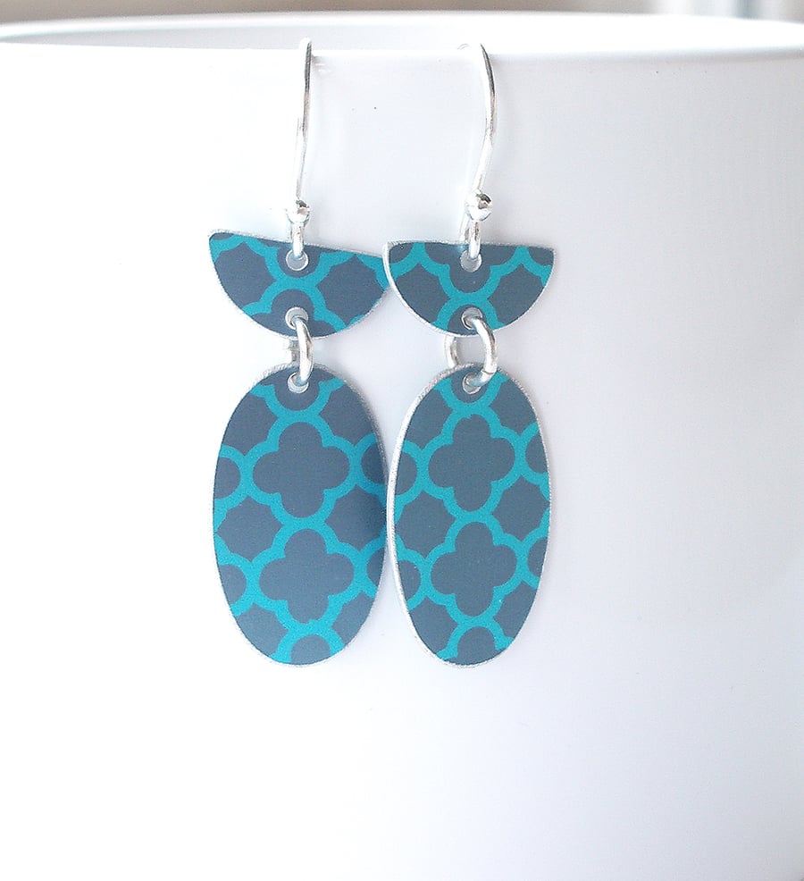 Teal oval earrings with Moroccan tile pattern 