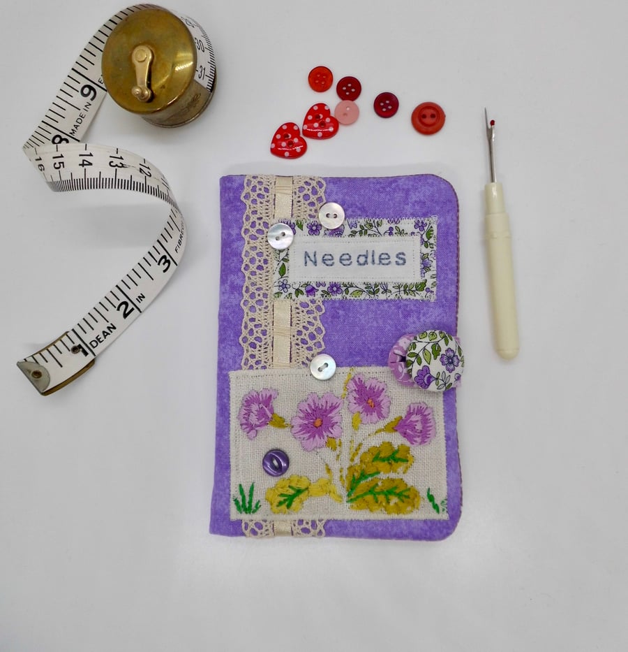SOLD Sewing needle case in mauve fabric with vintage embroidery 