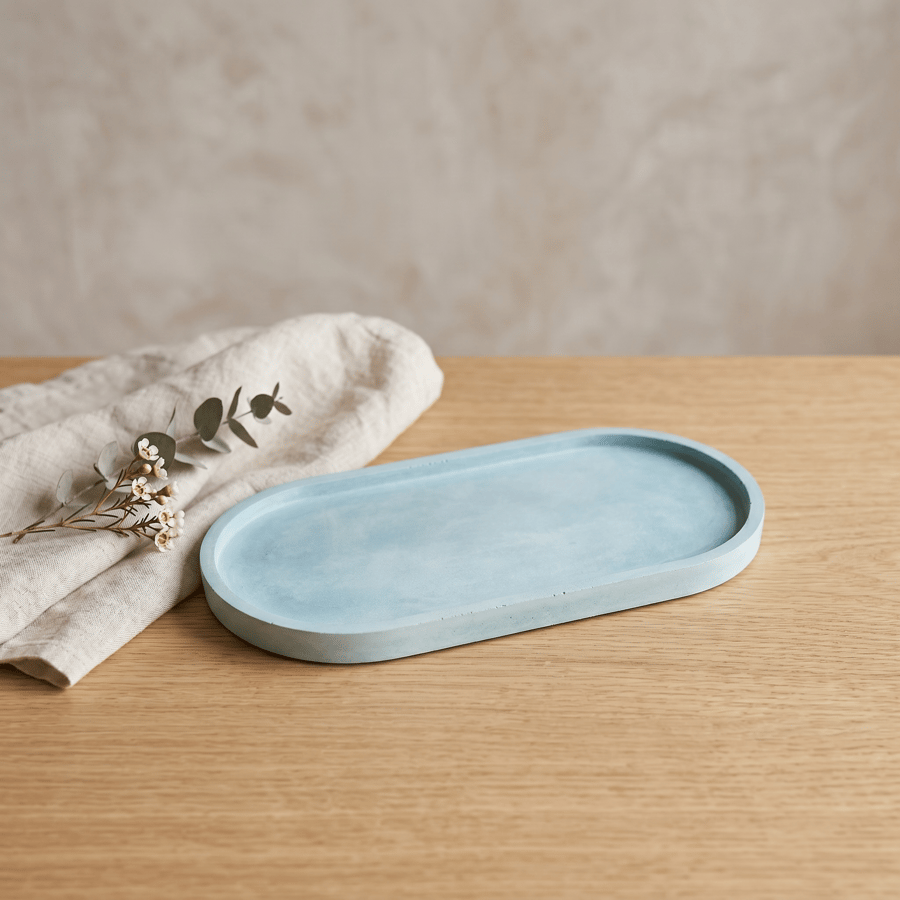 Large Grey Blue  Oval Concrete Decorative Tray - Catchall Valet Tray