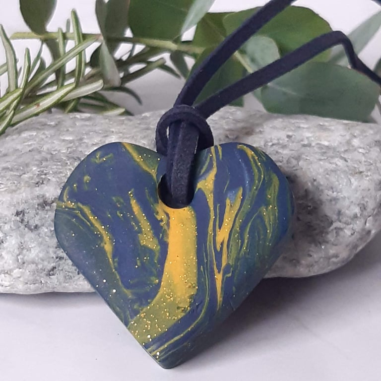 Navy and mustard heart shaped pendant
