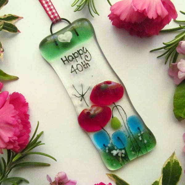 Happy 40th MINI Fused Glass Floral Suncatcher (Poppy Meadow)