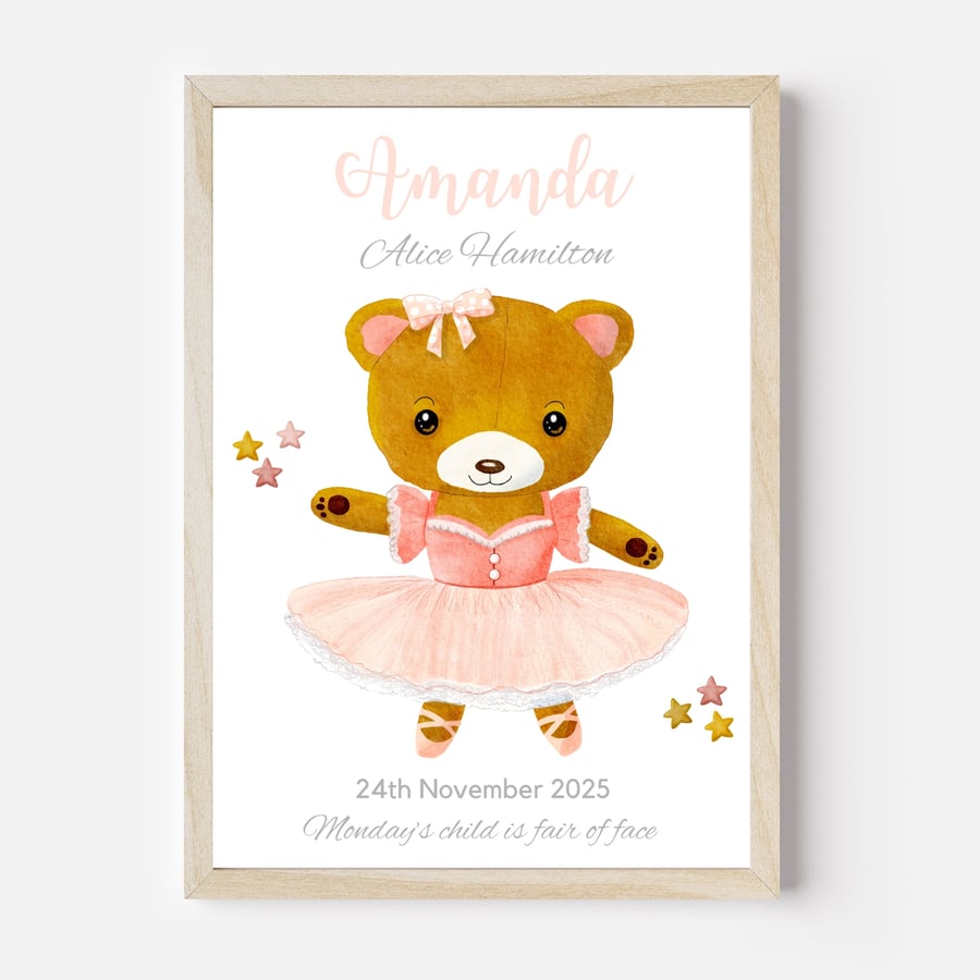 Ballerina Teddy Bear Nursery Wall Art Print with Baby Name and Birth Date