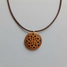 Wooden Rosette Pendant Necklace: Brown Waxed Cord, Adjustable Length.