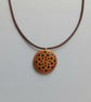 Wooden Rosette Pendant Necklace: Brown Waxed Cord, Adjustable Length.
