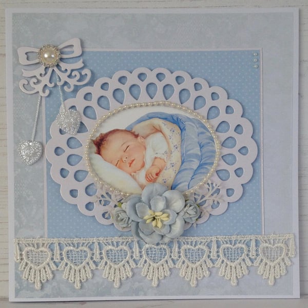 Hearts & Flowers New Baby Card (Blue) PB14