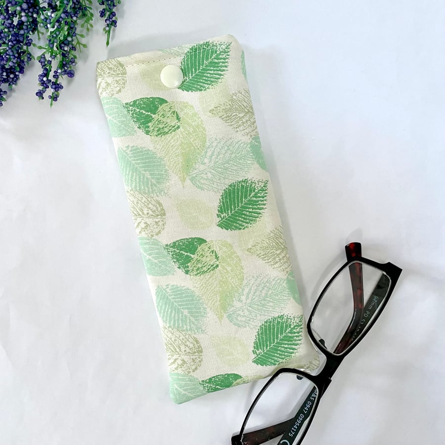 Glasses Case Soft Pouch Leaves Leaf Nature Fabric Lined with Popper