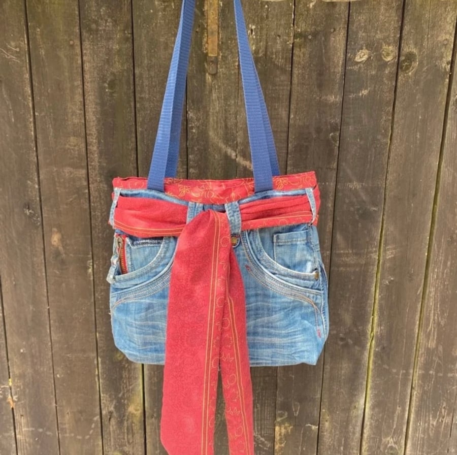 Denim jeans tote bag with self tie scarf