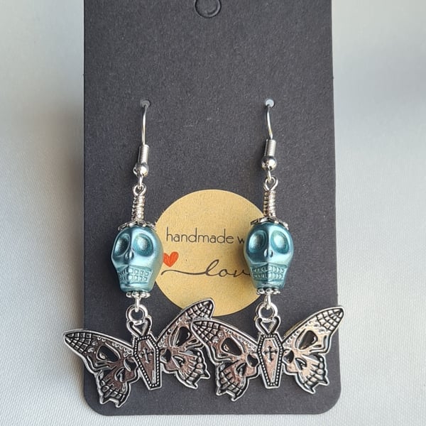 Spooky Butterfly Skulls Earrings - Blue Skulls