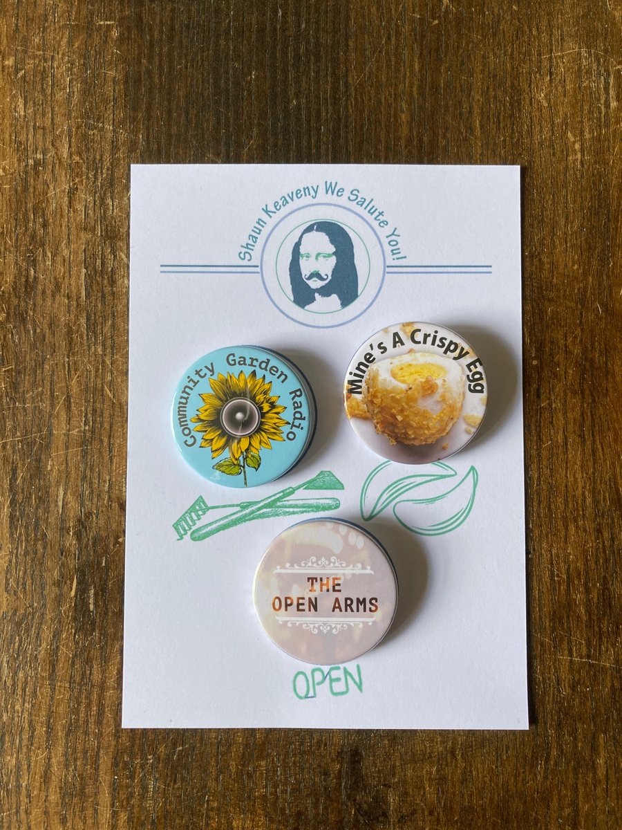Shaun Keaveny Cart Wall 38mm Pin Button Badges, The Open Arms, Crispy Egg, CGR