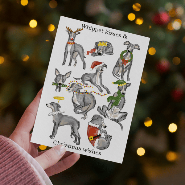 Whippet Christmas Card, a6 250gm cardstock with Red envelope, blank inside