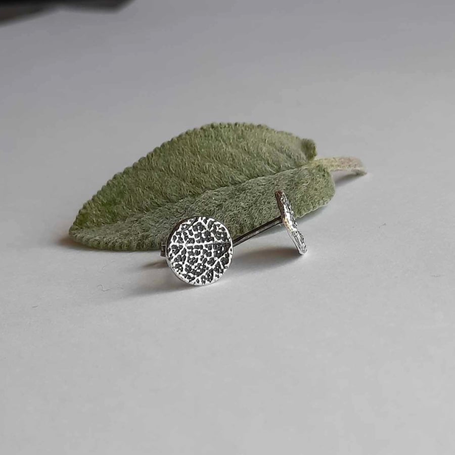 Sage Leaf Textured Stud Earrings - Oxidised Fine Silver
