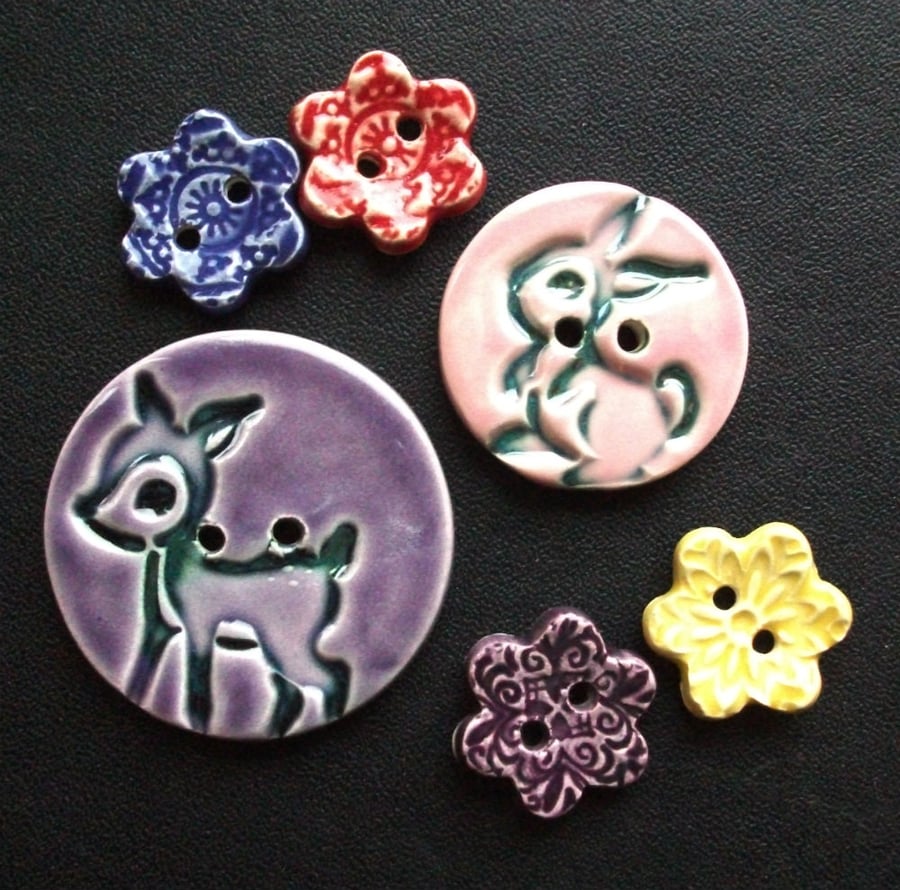 Set of woodland animals and flowers ceramic buttons