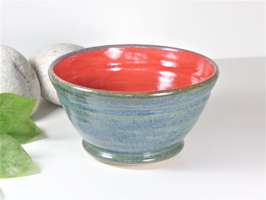 Red and Bluegreen Landscape Breakfast Soup Tapas Bowls Ceramic Stoneware 