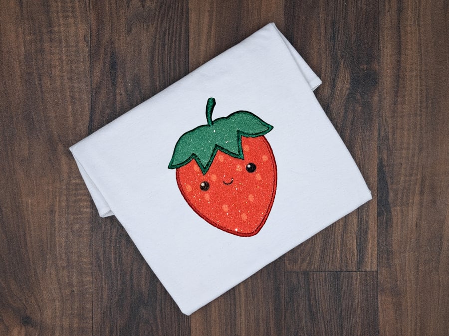 Personalised Embroidered Strawberry Kids T-Shirt - Sparkly Custom Name Tee