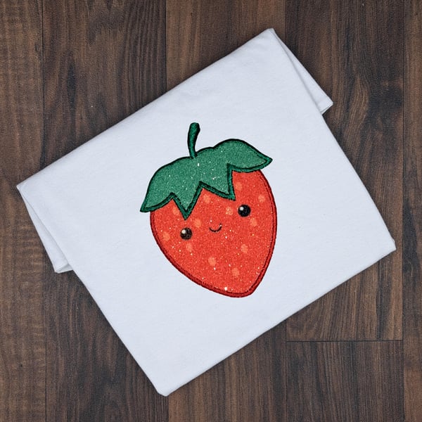 Personalised Embroidered Strawberry Kids T-Shirt - Sparkly Custom Name Tee