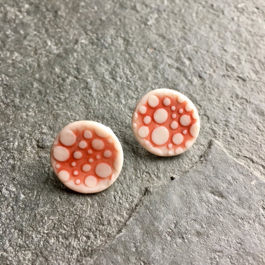 Porcelain earrings studs, spotted red glazed silver 925 The Porcelain Menagerie