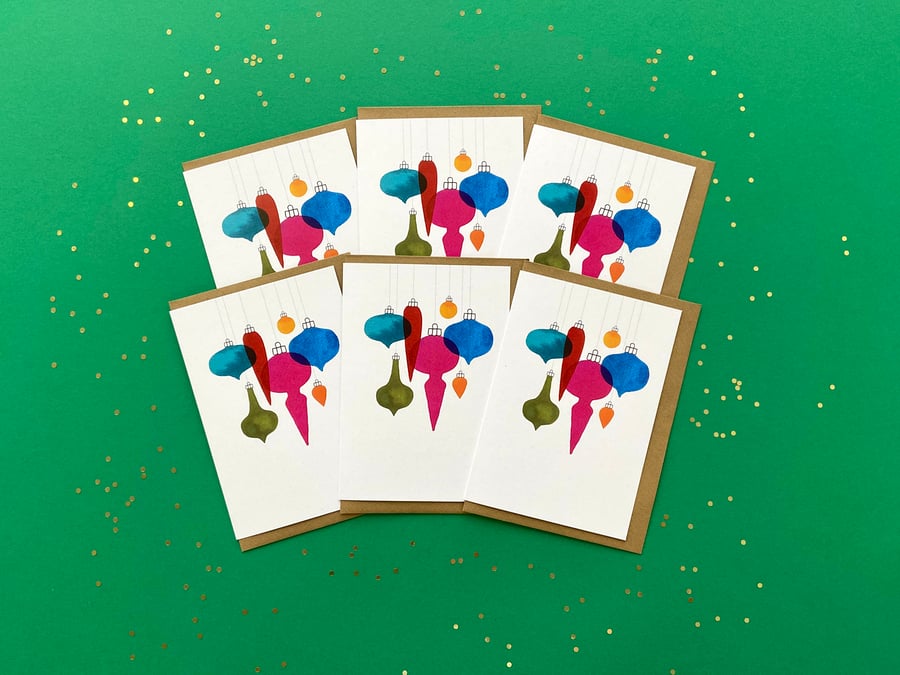 Watercolour Christmas Cards: Vintage Baubles Overlay – Pack of 1, 6 or 12