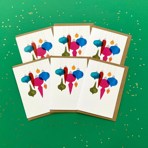 Watercolour Christmas Cards: Vintage Baubles Overlay – Pack of 1, 6 or 12
