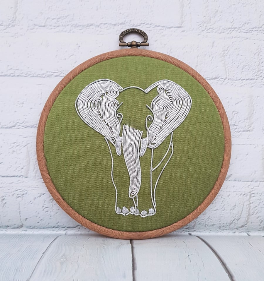 Silver Elephant Embroidery Hoop, Goldwork Embroidery Hoop Art, Elephant Gift for