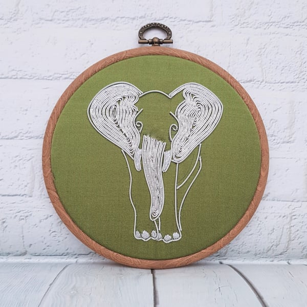 Silver Elephant Embroidery Hoop, Goldwork Embroidery Hoop Art, Elephant Gift for