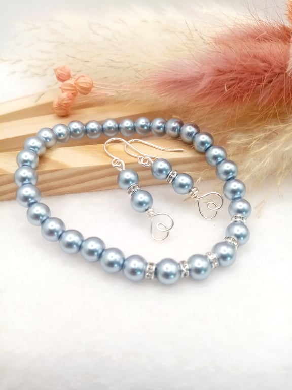 Lagoon Blue Glass Pearl Earrings and Bracelet Set, Heart Drop Jewellery Gift