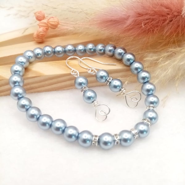 Lagoon Blue Glass Pearl Earrings and Bracelet Set, Heart Drop Jewellery Gift