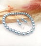 Lagoon Blue Glass Pearl Earrings and Bracelet Set, Heart Drop Jewellery Gift