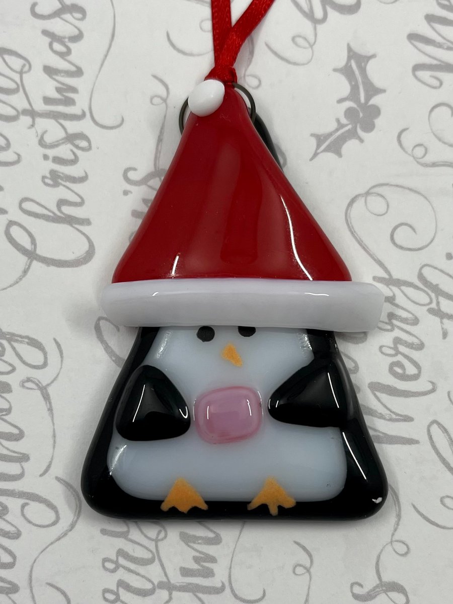 Handmade Fused Glass Penguin Hanging Christmas Decoration 
