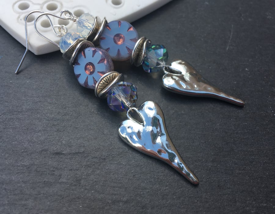 Long Silver Heart Stacked Czech glass and Opalite Crystal Earrings 