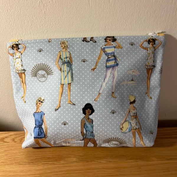 Retro, 60’s Inspired zipped make up bag, storage pouch , pure cotton, pale blue 