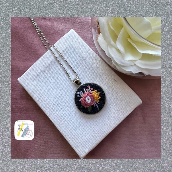 Hand embroidered pendant, round silver colour pendant, rose flower pendant, hand