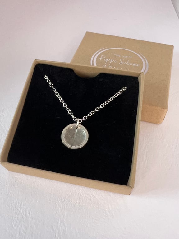 Concave circular leaf imprint pendant necklace