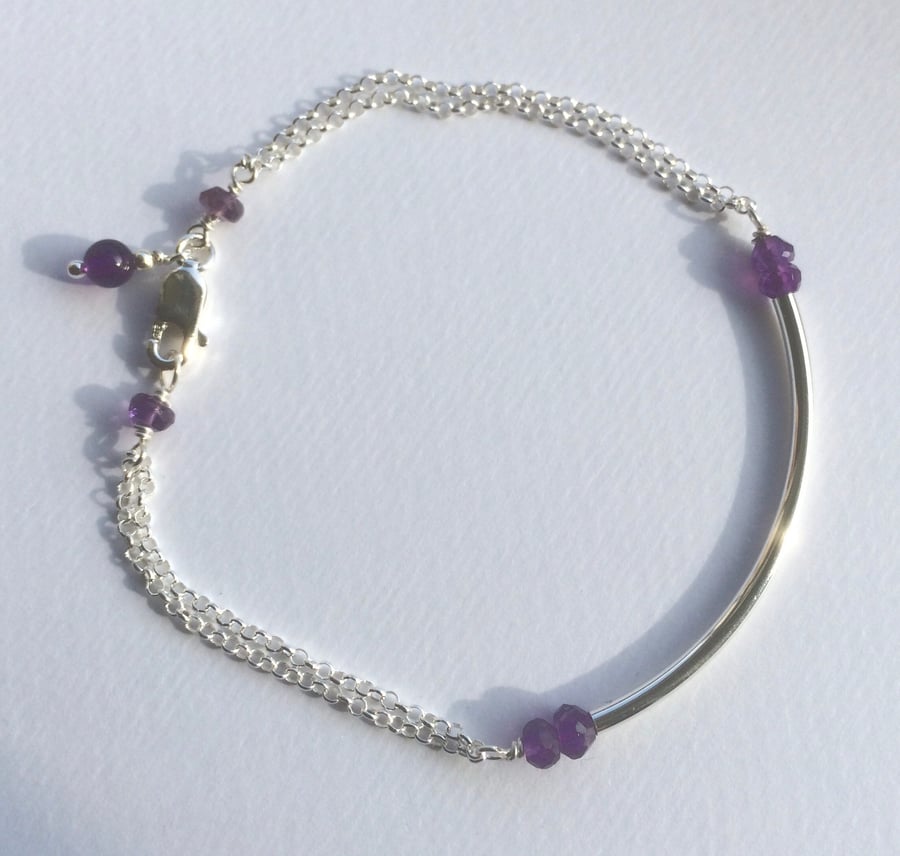 Sterling silver and amethyst double chain bracelet