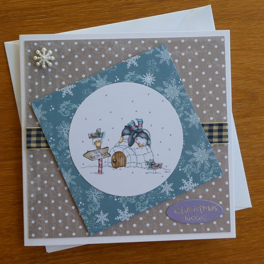 Penguin on Igloo Christmas Card - Christmas Kisses