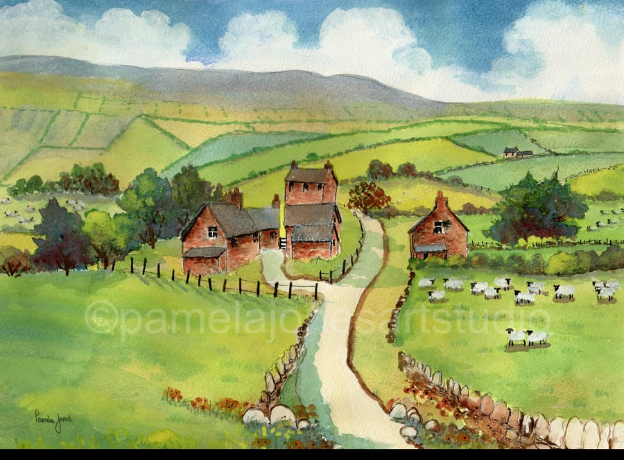 Hillside Farm, Mid Wales, Original watercolour in 20 x 16 '' Mount