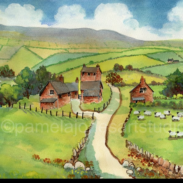 Hillside Farm, Mid Wales, Original watercolour in 20 x 16 '' Mount