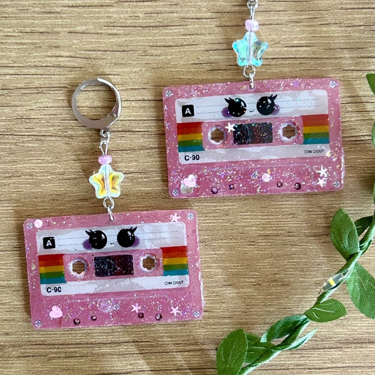 Retro Music Cassette Tape Earrings - Glitter Cute Dangle Huggie Hoops